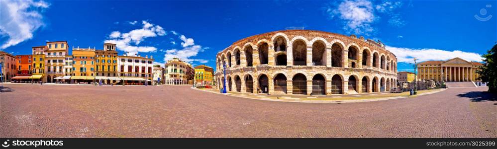 Roman amphitheatre Arena di Verona and Piazza Bra square panoramic view, landmark in Veneto region of Italy