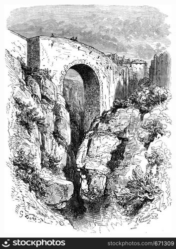 Roman bridge in Ronda, vintage engraved illustration. Le Tour du Monde, Travel Journal, (1865).