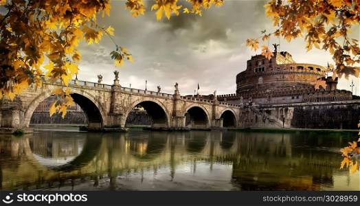 Roman castle of Saint Angelo in autumn, Italy. Castle and yellow leaves. Castle and yellow leaves
