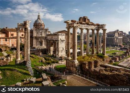 Roman Forum (Foro Romano) and Ruins of Septimius Severus Arch and Saturn Temple in Rome, Italy