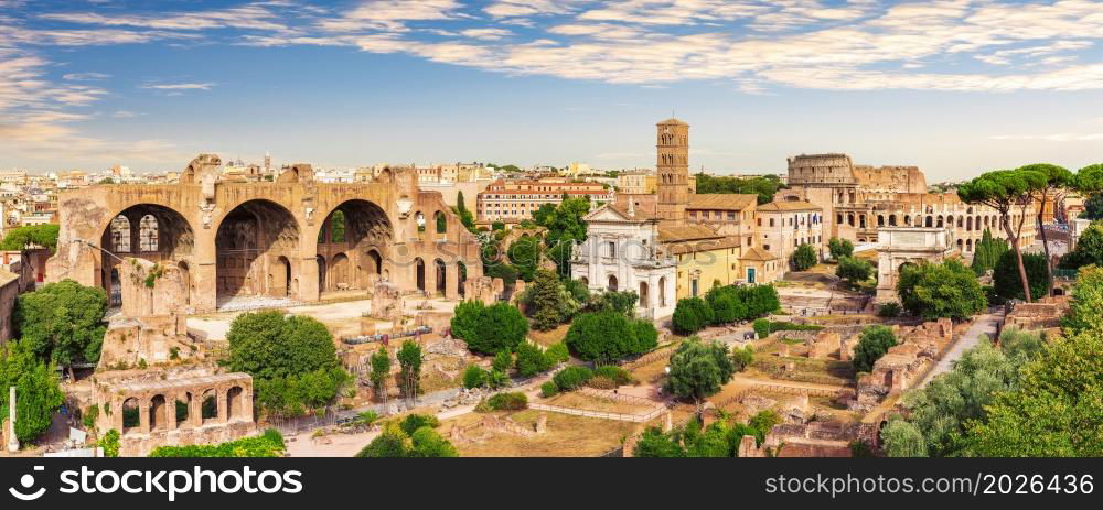 Roman Forum full panorama, view of the Basilica of Maxentius and Constantine, House of the Vestals and the Coliseum, Italy.. Roman Forum full panorama, view of the Basilica of Maxentius and Constantine, House of the Vestals and the Coliseum, Italy