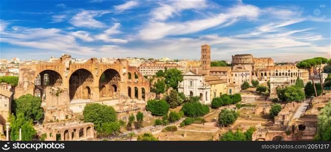 Roman Forum full panorama, view of the Basilica of Maxentius and Constantine, House of the Vestals and the Coliseum, Italy.. Roman Forum full panorama, view of the Basilica of Maxentius and Constantine, House of the Vestals and the Coliseum, Italy
