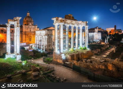 Roman Forum in Rome , Italy . Roman Forum was build in time of Ancient Rome as the site of triumphal processions and elections. It is famous tourist attraction of Rome , Italy .