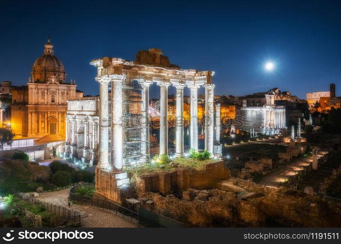 Roman Forum in Rome , Italy . Roman Forum was build in time of Ancient Rome as the site of triumphal processions and elections. It is famous tourist attraction of Rome , Italy .