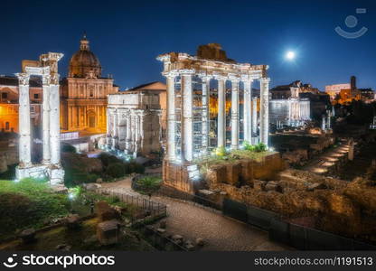 Roman Forum in Rome , Italy . Roman Forum was build in time of Ancient Rome as the site of triumphal processions and elections. It is famous tourist attraction of Rome , Italy .