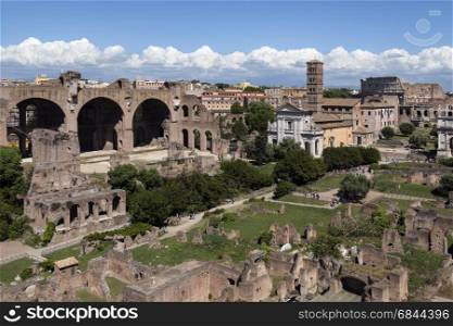 Roman Forum in the city of Rome, Italy. To the left is the Basilica of Maxentius, center is the Temple of Venus and Rome and on the far right is the Colosseum.. Roman Forum - Rome - Italy
