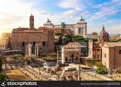 Roman forum, view of the temples, ancient houses and other famous ancient ruins, Rome, Italy.. Roman forum, view of the temples, ancient houses and other famous ancient ruins, Rome, Italy