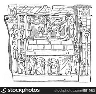 Roman funeral bed, after the monument of Haterii, the Lateran Museum in Rome, vintage engraved illustration. Magasin Pittoresque 1867.