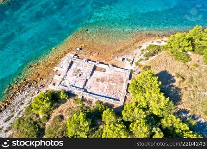Roman historic villa Rustica ruins aerial view, Dugi Otok island, Kornati archipelago of Croatia