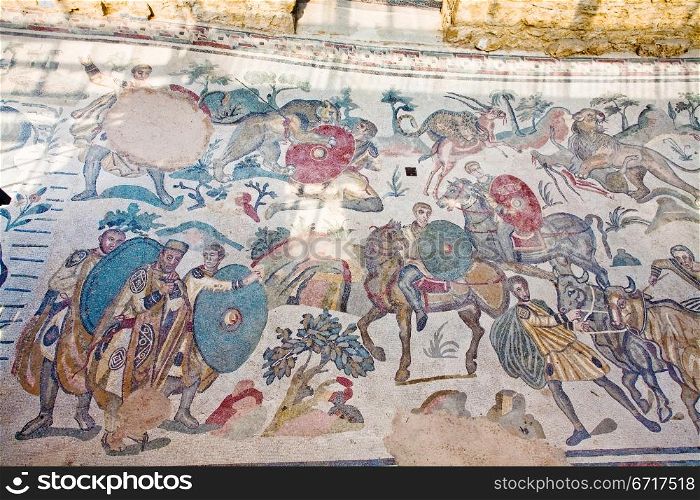 roman hunting scene in interior in antique Villa Romana del Casale, Sicily