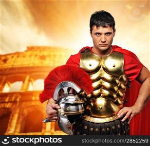 Roman legionary soldier in front of coliseum