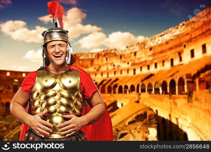 Roman legionary soldier in front of coliseum