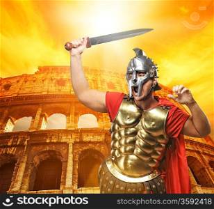 Roman legionary soldier in front of coliseum