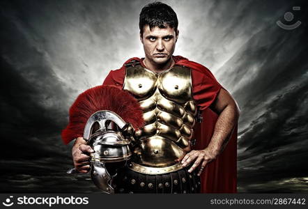 Roman legionary soldier over stormy sky