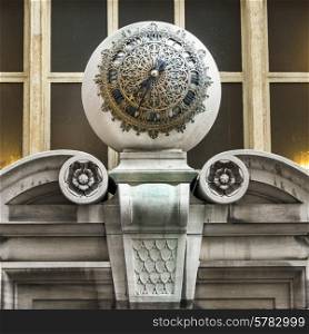 Roman Numeral Ornate Clock on exterior of a building, Lower Manhattan, New York City, New York State, USA