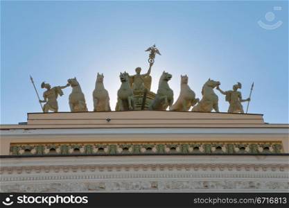 Roman quadriga on double triumphal arch on Palace Square, St Petersburg, Russia