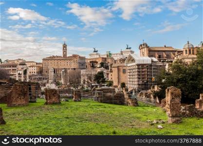 Roman ruins in Rome. Antique. Blue sky. Day