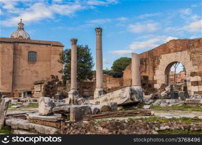 Roman ruins in Rome. Antique. Blue sky. Day