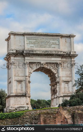 Roman ruins in Rome. Antique. Blue sky. Day