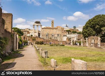 Roman statues at House of the Vestals in Roman Forum , Rome, Italy.. Rome, Italy - August 31, 2017: Roman statues at House of the Vestals in Roman Forum , Rome, Italy. The Roman Forum is one of the main tourist attractions of Rome.