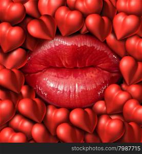 Romance concept and love symbol as red female lips surrounded by a group of heart icons representing relationship feelings and emotions of passion.