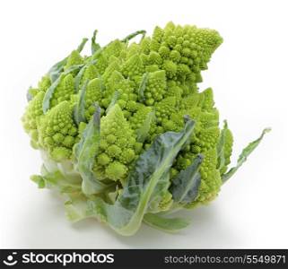 Romanesco cauliflower over a white background, with a light shadow. Known in some places as a romanesco cabbage or broccoli