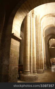 Romanesque interior of the Abbey Church of St. Foy, Conques, France