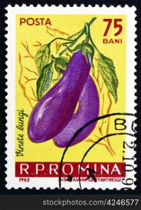 ROMANIA - CIRCA 1963: a stamp printed in the Romania shows Eggplant, Solanum Melongena, Fruit, circa 1963