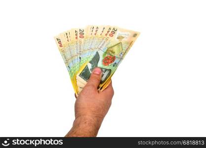 romanian money hand isolated over white background