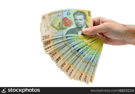 romanian money hand isolated over white background