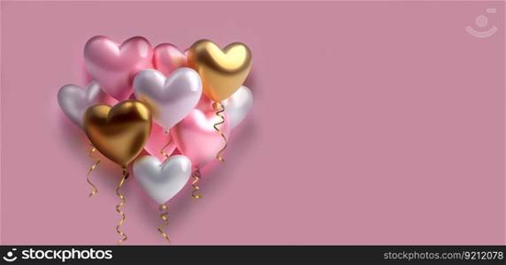 Romantic Background Card with 3D Gold, White and Pink Flying Heart Balloons with Space for Your Text. Romantic Background Card
