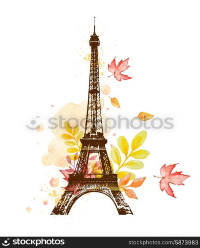 Romantic background with autumn watercolor leaves and Eiffel Tower