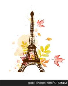 Romantic background with autumn watercolor leaves and Eiffel Tower