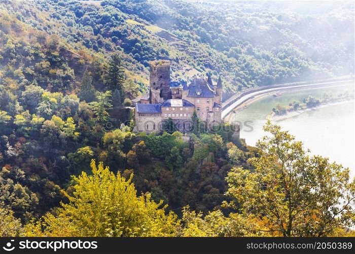 Romantic beautiful castles of Germany . River cruises. View of Katz castle overlooking the Rhine River above the town of St. Goarshausen?.