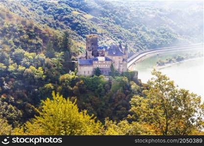 Romantic beautiful castles of Germany . River cruises. View of Katz castle overlooking the Rhine River above the town of St. Goarshausen?.