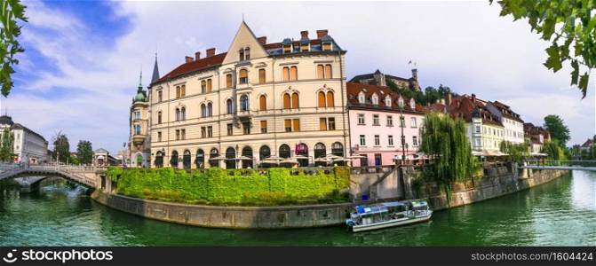 Romantic beautiful Ljubljana city, capital of Slovenia. Urban scene with canals in downtown