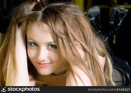 romantic blue eyed blond playing with hair. romantic blond