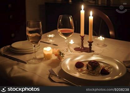 romantic candlelit dinner for two, with beautiful plates and silverware on the table, created with generative ai. romantic candlelit dinner for two, with beautiful plates and silverware on the table