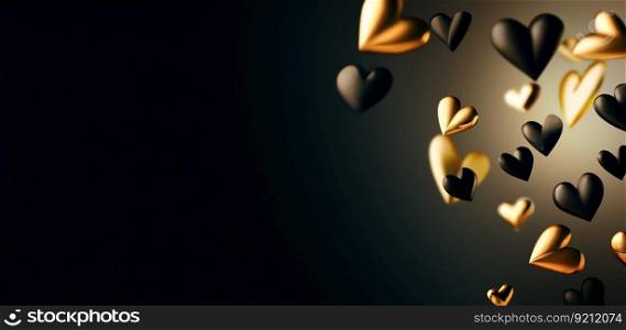 Romantic Card Background with 3D Gold and Black Flying Hearts with Space for Your Text. Romantic Card Background