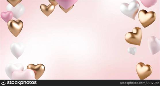 Romantic Card Background with 3D Gold and Pink Flying Hearts with Space for Your Text. Romantic Card Background