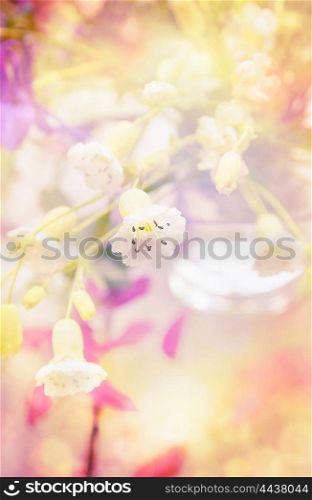 Romantic card with white garden flowers, pastel color toned
