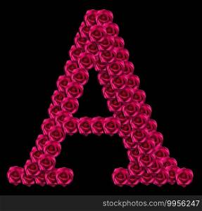 romantic concept image of a capital letter A made of red roses. Isolated on black background. Design element for love or valentines themes