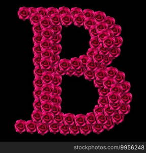 romantic concept image of a capital letter B made of red roses. Isolated on black background. Design element for love or valentines themes