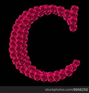 romantic concept image of a capital letter C made of red roses. Isolated on black background. Design element for love or valentines themes