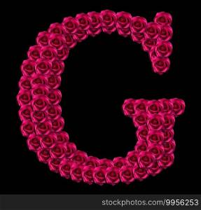 romantic concept image of a capital letter G made of red roses. Isolated on black background. Design element for love or valentines themes