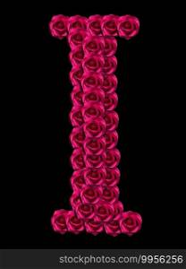 romantic concept image of a capital letter I made of red roses. Isolated on black background. Design element for love or valentines themes