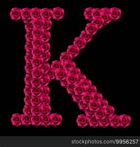romantic concept image of a capital letter K made of red roses. Isolated on black background. Design element for love or valentines themes
