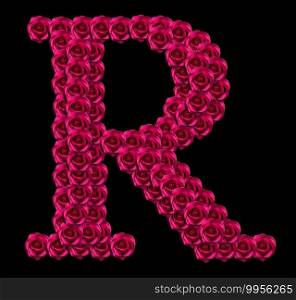 romantic concept image of a capital letter R made of red roses. Isolated on black background. Design element for love or valentines themes