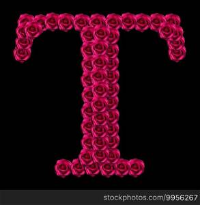 romantic concept image of a capital letter T made of red roses. Isolated on black background. Design element for love or valentines themes