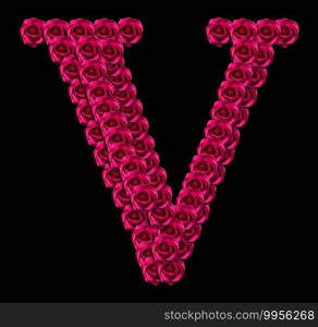 romantic concept image of a capital letter V made of red roses. Isolated on black background. Design element for love or valentines themes